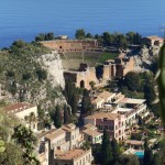 View of Greek Theater in Taormina from the Madonna della Rocca