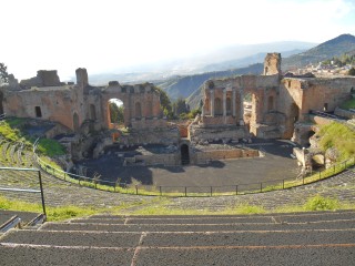 Greek theatre taormina covered in mount Etna ash