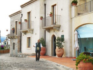 Vittorio in front of Resort Borgo San Rocco, Savoca